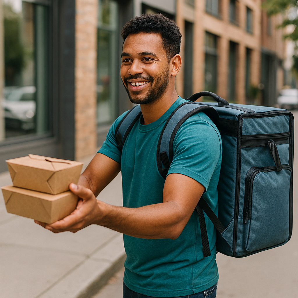 Entregador com mochila nas cores cinza, azul-cinza e laranja