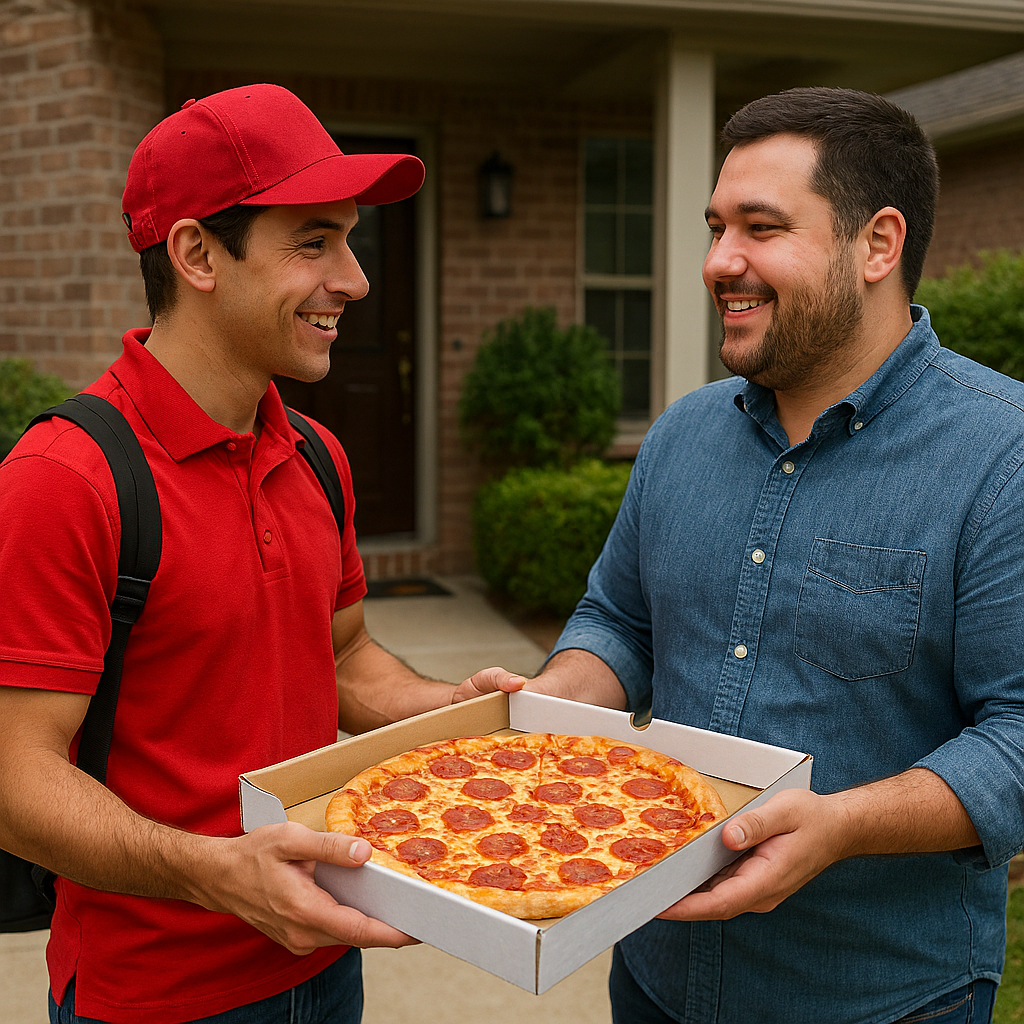 Cliente recebendo pedido de entregador MyLunch na sua localidade